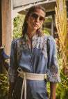 Astra Placement Embroided Sleeve Blouse - Blue Ash