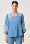 Astra Placement Embroided Sleeve Blouse - Blue Ash