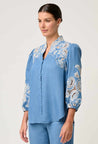 Astra Placement Embroided Sleeve Blouse - Blue Ash