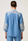 Astra Placement Embroided Sleeve Blouse - Blue Ash