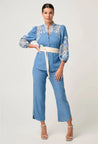 Astra Placement Embroided Sleeve Blouse - Blue Ash