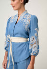 Astra Placement Embroided Sleeve Blouse - Blue Ash